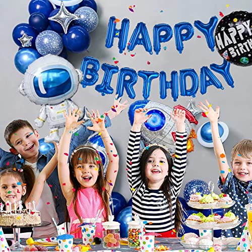 Blue Outer Space Balloon Garland Kit, Aerospace Theme Party Decorations With Rocket Astronaut Balloons and Metallic Silver and Metallic Blue Happy Birthday Decoration