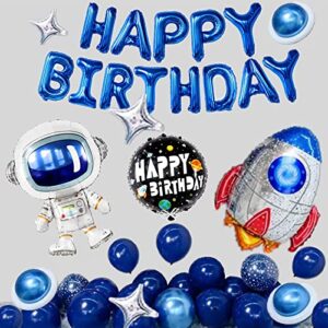 Blue Outer Space Balloon Garland Kit, Aerospace Theme Party Decorations With Rocket Astronaut Balloons and Metallic Silver and Metallic Blue Happy Birthday Decoration