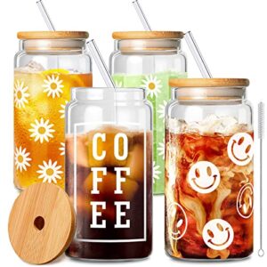 gmisun glass cups with lids and straws, 16oz iced coffee cup, beer can glass with lids and straw, drinking glasses with bamboo lids coffee bar accessories for beer/juice, exclusive transfer labels