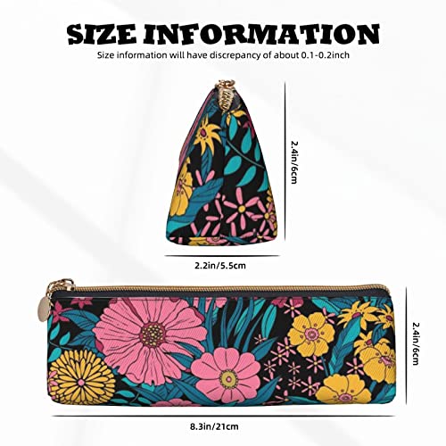 Flowers Pencil Case Pouch Pen Case Portable Leather Makeup Cosmetic Bag Durable Holder Bag Office Organizer For Adults