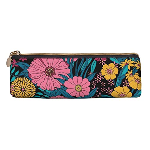 Flowers Pencil Case Pouch Pen Case Portable Leather Makeup Cosmetic Bag Durable Holder Bag Office Organizer For Adults