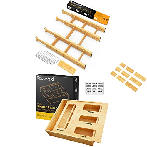 SpaceAid Bamboo Drawer Dividers with Inserts and Labels, 4 Dividers with 9 Inserts (17-22 in), Bag Storage Organizer (1 Box 4 Slots)