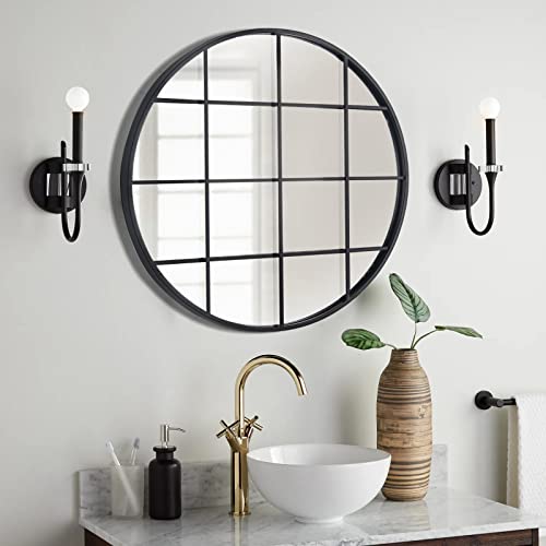 Decoccino Round Grid Wall Mirror,Circle Black Metal Frame Window Mirror 28 inches，Decorative Windowpane Round Wall Mirror for Entry, Living Room, Bedroom.