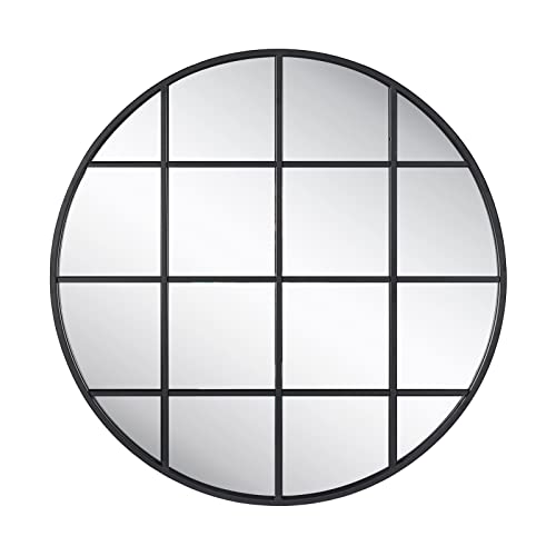 Decoccino Round Grid Wall Mirror,Circle Black Metal Frame Window Mirror 28 inches，Decorative Windowpane Round Wall Mirror for Entry, Living Room, Bedroom.