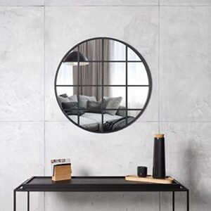 Decoccino Round Grid Wall Mirror,Circle Black Metal Frame Window Mirror 28 inches，Decorative Windowpane Round Wall Mirror for Entry, Living Room, Bedroom.