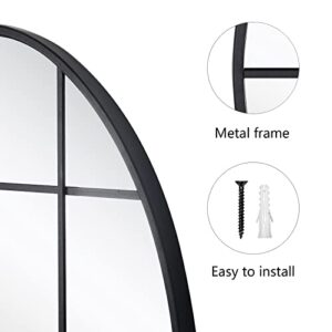 Decoccino Round Grid Wall Mirror,Circle Black Metal Frame Window Mirror 28 inches，Decorative Windowpane Round Wall Mirror for Entry, Living Room, Bedroom.