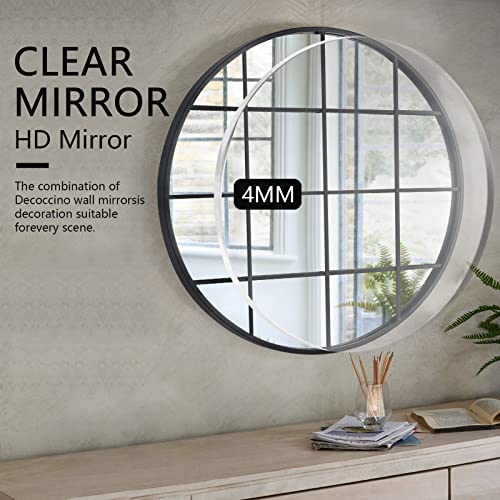 Decoccino Round Grid Wall Mirror,Circle Black Metal Frame Window Mirror 28 inches，Decorative Windowpane Round Wall Mirror for Entry, Living Room, Bedroom.