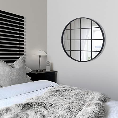 Decoccino Round Grid Wall Mirror,Circle Black Metal Frame Window Mirror 28 inches，Decorative Windowpane Round Wall Mirror for Entry, Living Room, Bedroom.