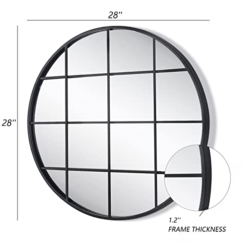 Decoccino Round Grid Wall Mirror,Circle Black Metal Frame Window Mirror 28 inches，Decorative Windowpane Round Wall Mirror for Entry, Living Room, Bedroom.