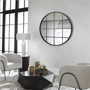 Decoccino Round Grid Wall Mirror,Circle Black Metal Frame Window Mirror 28 inches，Decorative Windowpane Round Wall Mirror for Entry, Living Room, Bedroom.