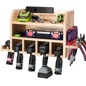 workpro power tool organizer, cordless drill holder storage wall mount with 5 drill hanging slots, screwdriver rack, solid wooden tool storage for garage, workshop, warehouse