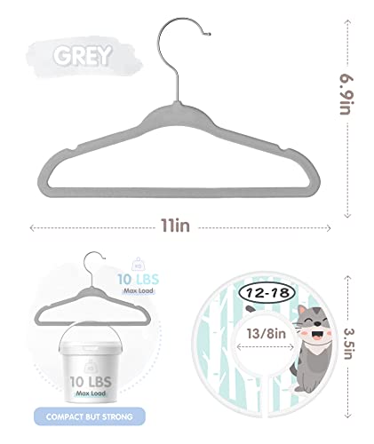 Kids Velvet Hangers, VIS'V 11 Inch Gray Non-Slip Baby Clothes Hangers with 6 Pcs Cute Clothing Dividers for Infant Toddler Boys & Girls Closet Organizer - 30 Pack