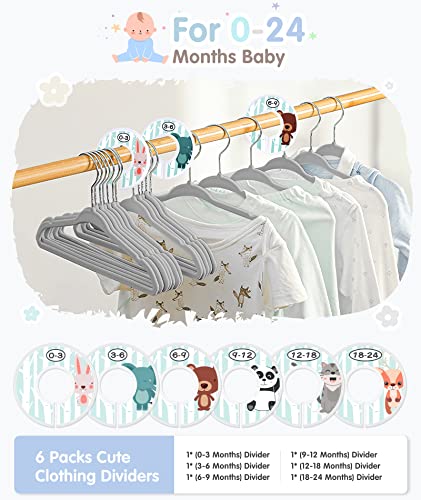 Kids Velvet Hangers, VIS'V 11 Inch Gray Non-Slip Baby Clothes Hangers with 6 Pcs Cute Clothing Dividers for Infant Toddler Boys & Girls Closet Organizer - 30 Pack