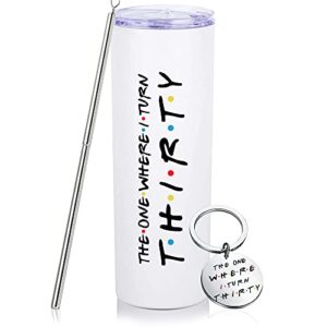 30th birthday gifts for her 30th birthday gifts for women 20oz skinny travel tumbler happy 30 year old bday presents for 1993 born woman female friend sister white turn thirty wine cup with keychain