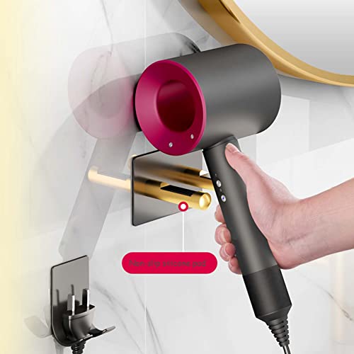 LUYU Nail-Free Glue Adhesive Hair Dryer Holder Wall Mounted - Adhesive Bathroom Hair Blow Dryer Rack Organizer Compatible with Dyson Supersonic Hair Dryers ( Black &Gold)