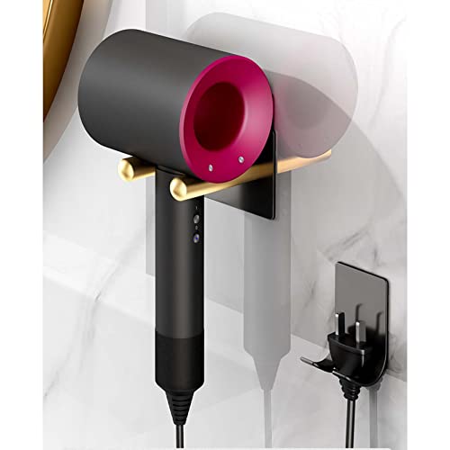 LUYU Nail-Free Glue Adhesive Hair Dryer Holder Wall Mounted - Adhesive Bathroom Hair Blow Dryer Rack Organizer Compatible with Dyson Supersonic Hair Dryers ( Black &Gold)