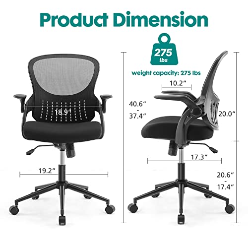 Office Chair - Ergonomic Flip-up Arm Home Office Computer Swivel Task Chair with Lumbar Support, Wide Seat, Thickened Cushion, Widened Backrest, Storage Back Basket