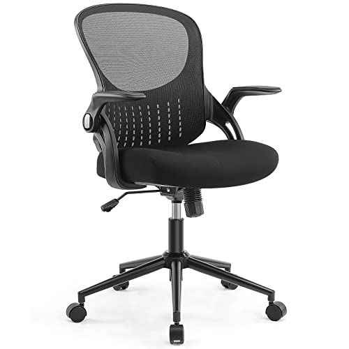 Office Chair - Ergonomic Flip-up Arm Home Office Computer Swivel Task Chair with Lumbar Support, Wide Seat, Thickened Cushion, Widened Backrest, Storage Back Basket