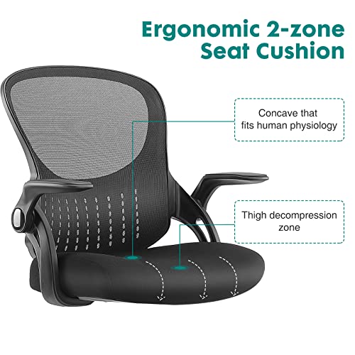 Office Chair - Ergonomic Flip-up Arm Home Office Computer Swivel Task Chair with Lumbar Support, Wide Seat, Thickened Cushion, Widened Backrest, Storage Back Basket