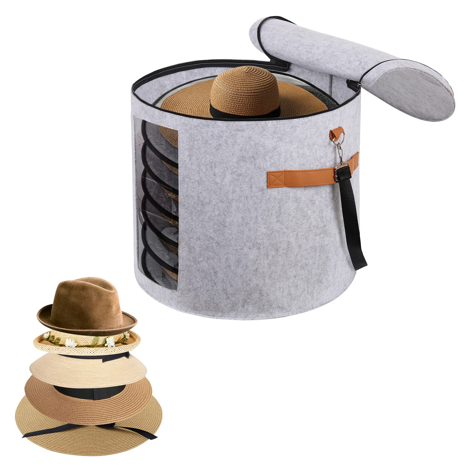 Ohiyoo Large Hat Boxes for Wide Brim, Large Hat Storage Box 19" D x 17" H, Hat Boxes for Women Storage Large Round Men Hat Box, Foldable Felt Stuffed Animal Toy Storage Bin with Lid (Light Gray)