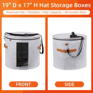 Ohiyoo Large Hat Boxes for Wide Brim, Large Hat Storage Box 19" D x 17" H, Hat Boxes for Women Storage Large Round Men Hat Box, Foldable Felt Stuffed Animal Toy Storage Bin with Lid (Light Gray)