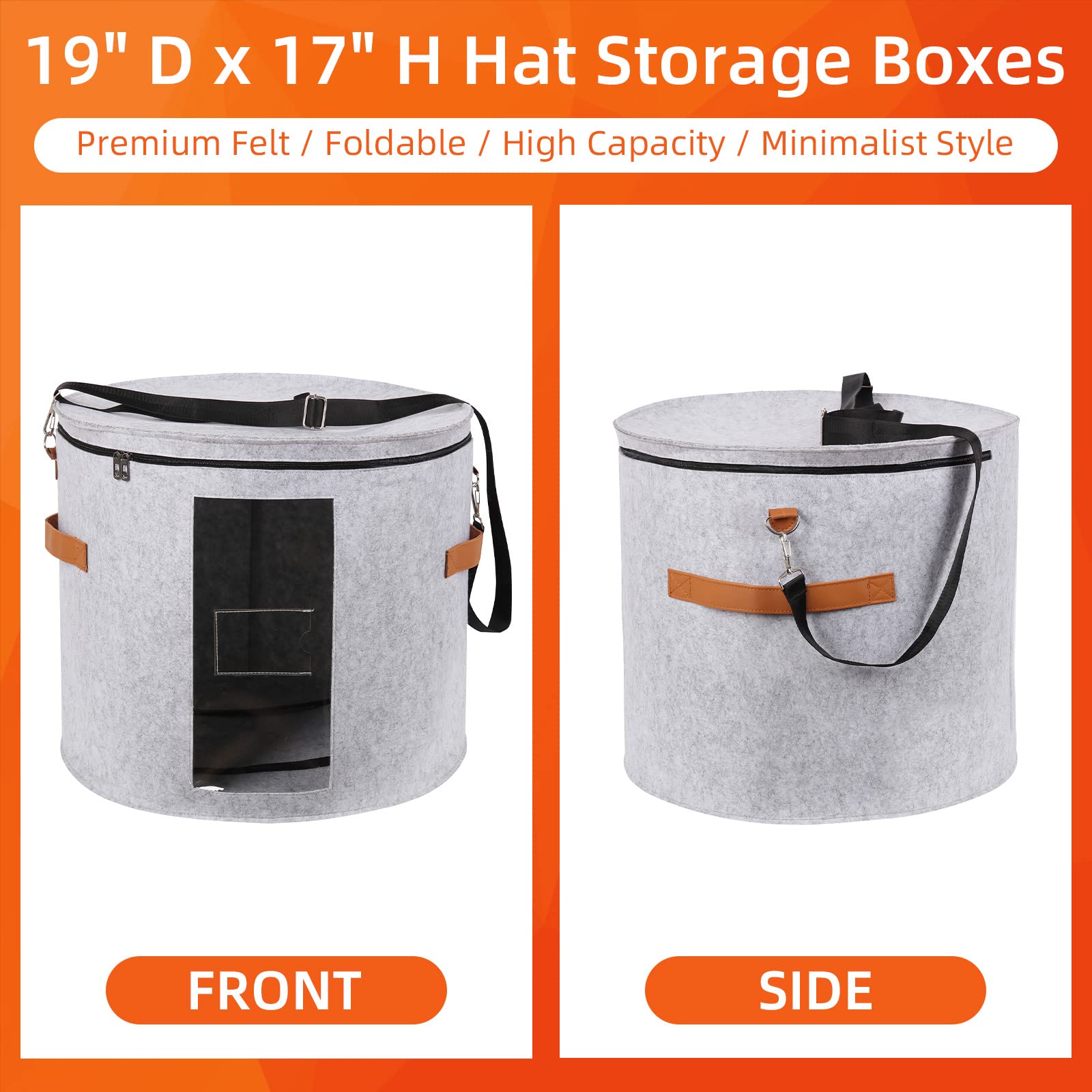 Ohiyoo Large Hat Boxes for Wide Brim, Large Hat Storage Box 19" D x 17" H, Hat Boxes for Women Storage Large Round Men Hat Box, Foldable Felt Stuffed Animal Toy Storage Bin with Lid (Light Gray)