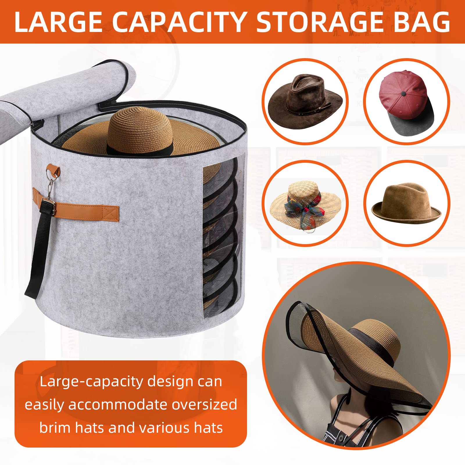 Ohiyoo Large Hat Boxes for Wide Brim, Large Hat Storage Box 19" D x 17" H, Hat Boxes for Women Storage Large Round Men Hat Box, Foldable Felt Stuffed Animal Toy Storage Bin with Lid (Light Gray)