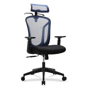 high back office chair, ergonomic mesh chair home desk chair adjustable headrest, executive computer chair with hanger and soft foam seat cushion and lumbar support,blue