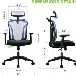 High Back Office Chair, Ergonomic Mesh Chair Home Desk Chair Adjustable Headrest, Executive Computer Chair with Hanger and Soft Foam Seat Cushion and Lumbar Support,Blue