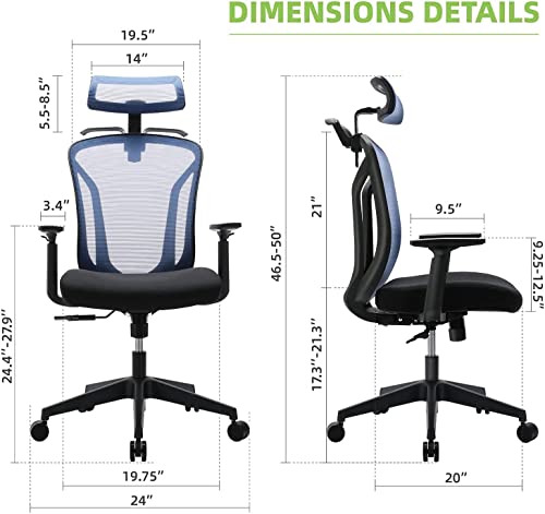 High Back Office Chair, Ergonomic Mesh Chair Home Desk Chair Adjustable Headrest, Executive Computer Chair with Hanger and Soft Foam Seat Cushion and Lumbar Support,Blue