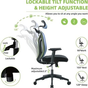 High Back Office Chair, Ergonomic Mesh Chair Home Desk Chair Adjustable Headrest, Executive Computer Chair with Hanger and Soft Foam Seat Cushion and Lumbar Support,Blue