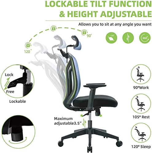 High Back Office Chair, Ergonomic Mesh Chair Home Desk Chair Adjustable Headrest, Executive Computer Chair with Hanger and Soft Foam Seat Cushion and Lumbar Support,Blue