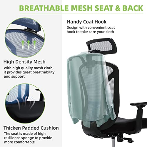 High Back Office Chair, Ergonomic Mesh Chair Home Desk Chair Adjustable Headrest, Executive Computer Chair with Hanger and Soft Foam Seat Cushion and Lumbar Support,Blue