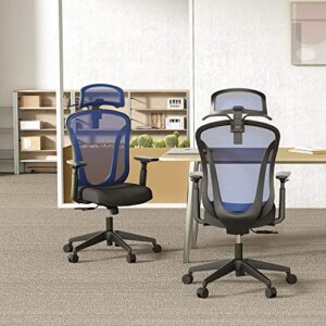 High Back Office Chair, Ergonomic Mesh Chair Home Desk Chair Adjustable Headrest, Executive Computer Chair with Hanger and Soft Foam Seat Cushion and Lumbar Support,Blue