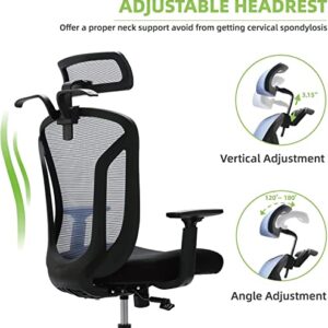 High Back Office Chair, Ergonomic Mesh Chair Home Desk Chair Adjustable Headrest, Executive Computer Chair with Hanger and Soft Foam Seat Cushion and Lumbar Support,Blue