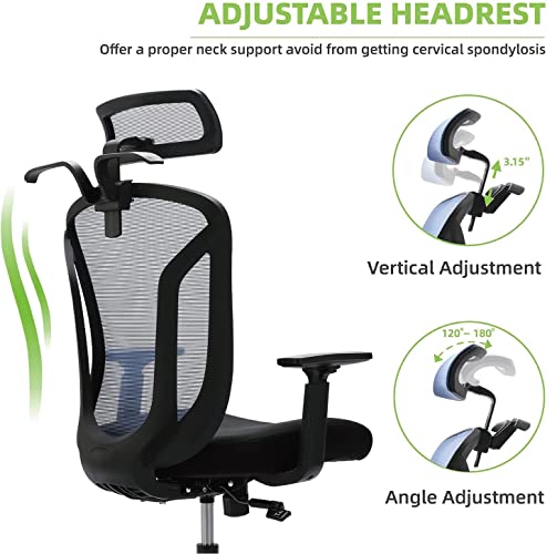 High Back Office Chair, Ergonomic Mesh Chair Home Desk Chair Adjustable Headrest, Executive Computer Chair with Hanger and Soft Foam Seat Cushion and Lumbar Support,Blue