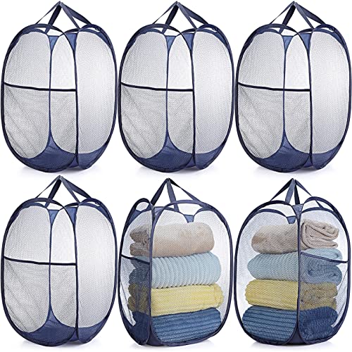 Potchen 6 Pieces Mesh Laundry Baskets Popup Hamper, Foldable Basket Large Collapsible Folding Portable Pop up Clothes Hampers with Handles and Side Pocket for College Dorm Room Bedroom, Dark Blue