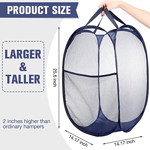 Potchen 6 Pieces Mesh Laundry Baskets Popup Hamper, Foldable Basket Large Collapsible Folding Portable Pop up Clothes Hampers with Handles and Side Pocket for College Dorm Room Bedroom, Dark Blue