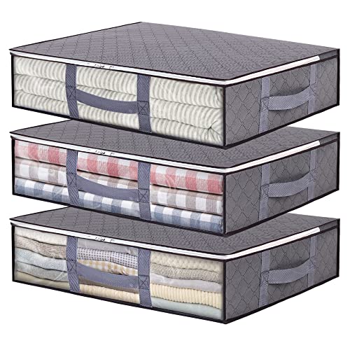 Vieshful Under Bed Storage Containers Foldable Underbed Storage Bags Clothes Organizers for Bedroom Closet Dorm Blankets Sweaters Toys with Clear Window, Reinforced Handle, Sturdy Structure, 40L, 3-Pack, Grey