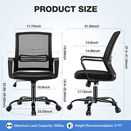 Office Chair - Ergonomic Office Chair Mid Back Office Desk Chair with Wheels Computer Chair with Lumbar Support Home Office Chair with Armrests for Adults, Black