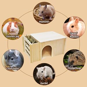 Fhiny Guinea Pig Wood House with Hay Feeder, Detachable Chinchilla Hut Hideout Small Animal Hideout Hideaway Natural Hamster Habitat Decor for Guinea Pig Chinchilla Dwarf Rabbit Hamster