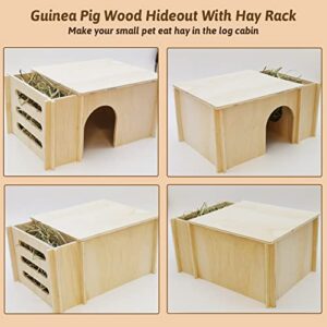 Fhiny Guinea Pig Wood House with Hay Feeder, Detachable Chinchilla Hut Hideout Small Animal Hideout Hideaway Natural Hamster Habitat Decor for Guinea Pig Chinchilla Dwarf Rabbit Hamster