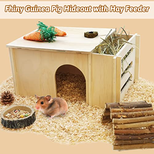 Fhiny Guinea Pig Wood House with Hay Feeder, Detachable Chinchilla Hut Hideout Small Animal Hideout Hideaway Natural Hamster Habitat Decor for Guinea Pig Chinchilla Dwarf Rabbit Hamster