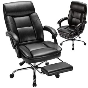 zunmos executive office ergonomic big and tall leather swivel rolling managerial computer desk task, adjustable high back recliner chair with padded armrests and retractable footrest, black