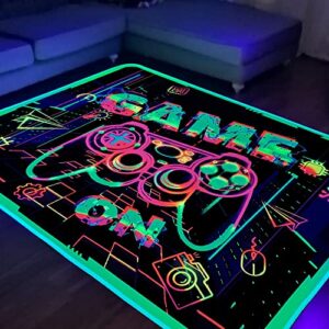 kmkicme gaming area rug blacklight for bedroom game printed carpet uv reactive glow in the black light area rug playroom large non-slip area rug kids boys girls game room casual mat 60x39 inch