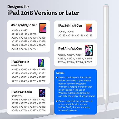 Stylus Pen with Wireless Charging - Active Apple Pencil Compatible with iPad Pro 11/12.9, iPad 6/7/8/9/10th Gen, iPad Air 3/4/5, iPad Mini 5/6th Gen for Precise Writing/Drawing