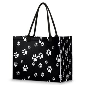 puppy paw print black tote bag for women travel bag reusable grocery bag utility tote for work shopping pool beach bag for gift outdoor