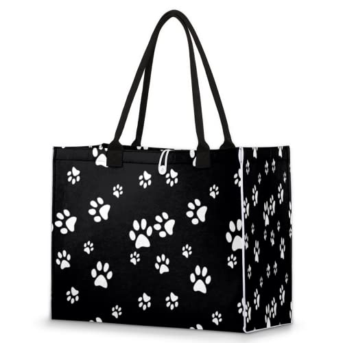 Puppy Paw Print Black Tote Bag For Women Travel Bag Reusable Grocery Bag Utility Tote For Work Shopping Pool Beach Bag for Gift Outdoor