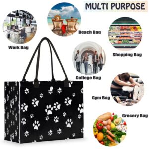 Puppy Paw Print Black Tote Bag For Women Travel Bag Reusable Grocery Bag Utility Tote For Work Shopping Pool Beach Bag for Gift Outdoor