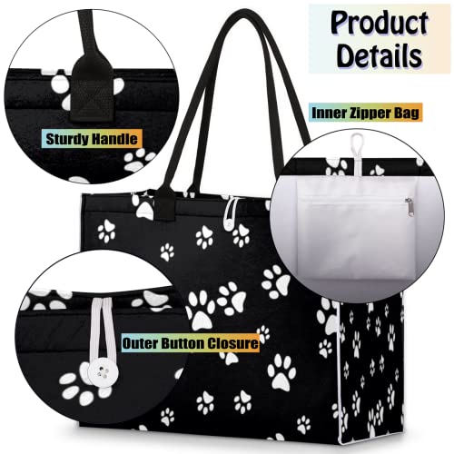 Puppy Paw Print Black Tote Bag For Women Travel Bag Reusable Grocery Bag Utility Tote For Work Shopping Pool Beach Bag for Gift Outdoor